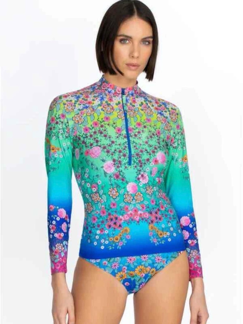Johnny Was Swimwear Surf Shirt Comfort Rash Guard Floral Blue Multi Top Size 2XL - Picture 2 of 5